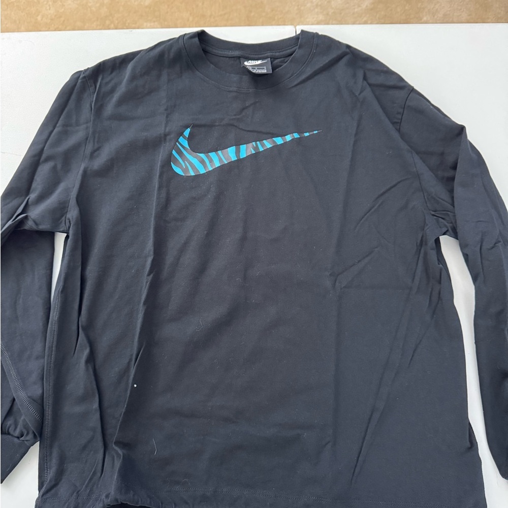 Nike Black and Blue Long Sleeve Tee with Bold Swoosh